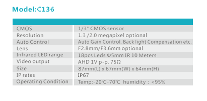 C136-AHD Metal Rear-view IR Camera